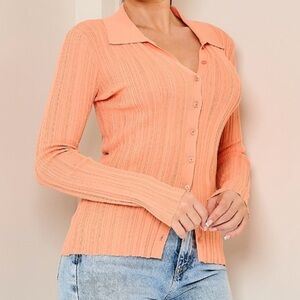 Peach Ribbed Button-Up Cardigan